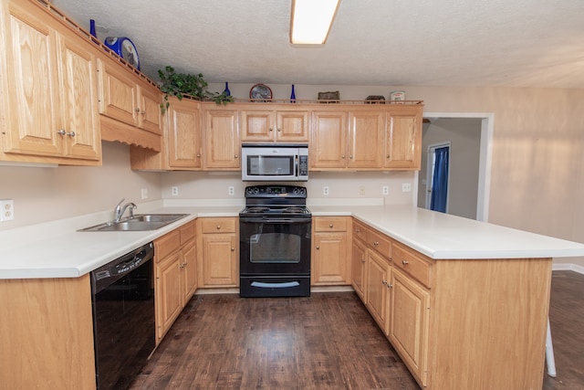 kitchen with sink, dark wood-type flooring, a textured ceiling, light brown cabinetry, and black appliances