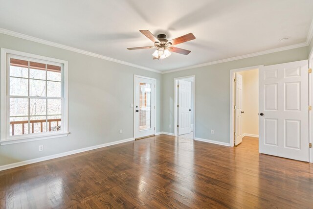 1055 Wades Branch Rd, Centerville, TN 37033 - unfurnished bedroom with multiple windows, baseboards, wood finished floors, crown molding, and a ceiling fan