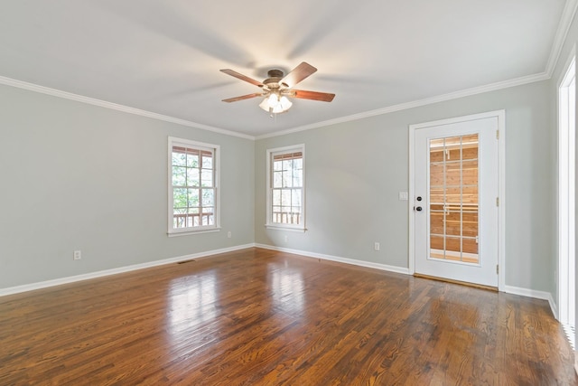 1055 Wades Branch Rd, Centerville, TN 37033 - empty room with a ceiling fan, ornamental molding, baseboards, and dark wood finished floors