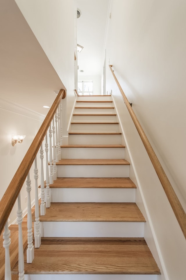 stairway with hardwood / wood-style flooring