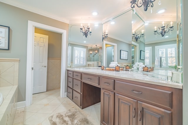 bathroom with tiled tub, tile patterned flooring, vanity, and ornamental molding