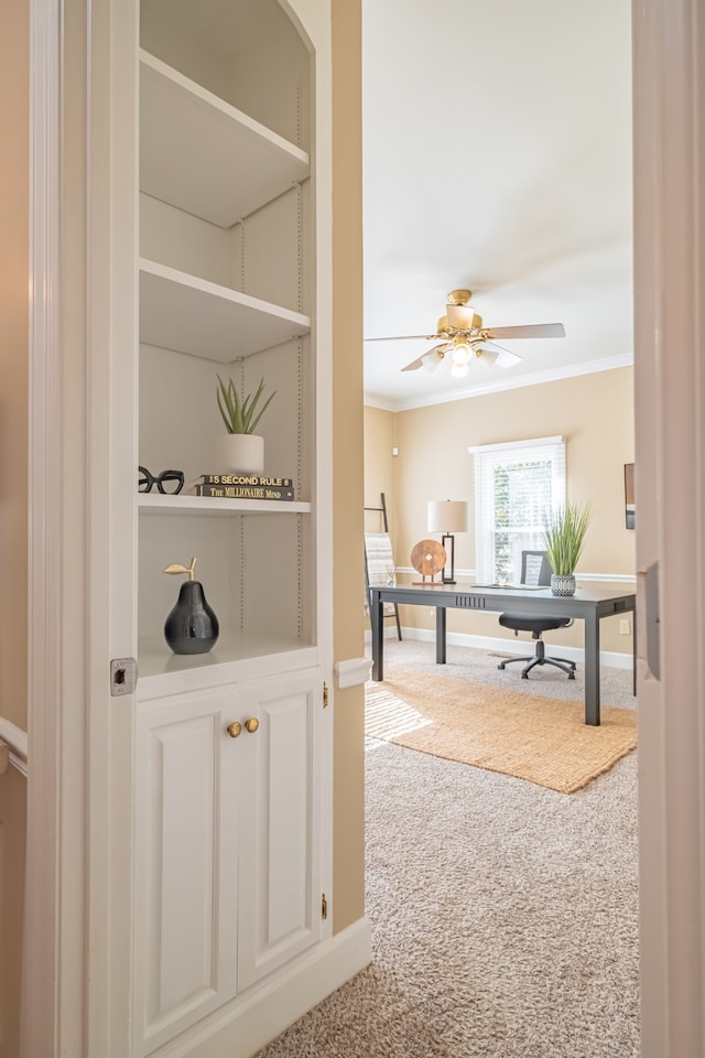 office with ceiling fan, carpet floors, and crown molding