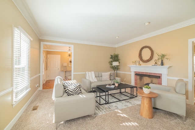 living room with a fireplace, light colored carpet, and ornamental molding