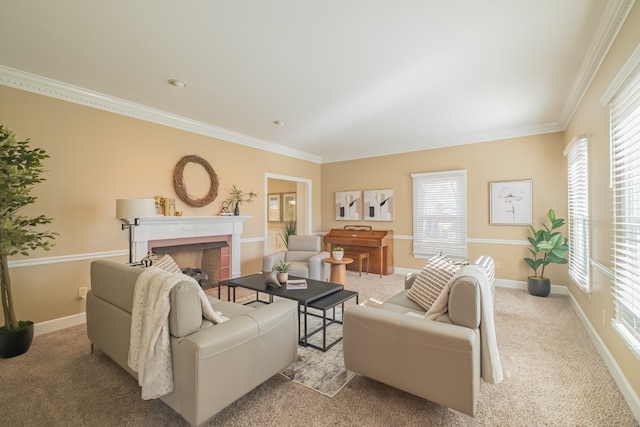 living room with light carpet and ornamental molding