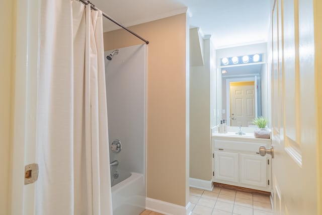 bathroom featuring tile patterned floors, vanity, shower / bath combo, and ornamental molding