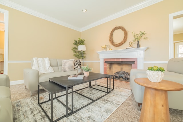 living room featuring carpet, a fireplace, and crown molding