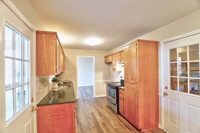 kitchen with light wood-type flooring, tasteful backsplash, stainless steel range with electric stovetop, dark stone counters, and sink