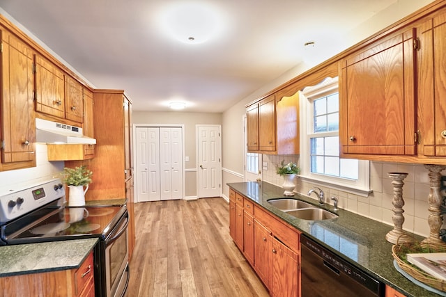 kitchen featuring backsplash, sink, light hardwood / wood-style flooring, dishwasher, and stainless steel range with electric cooktop