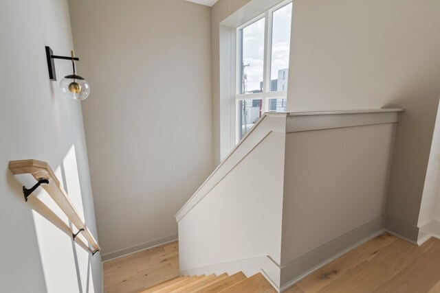 staircase with hardwood / wood-style floors