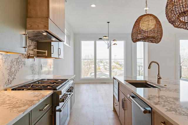 kitchen featuring stainless steel appliances, a wealth of natural light, light hardwood / wood-style floors, and sink