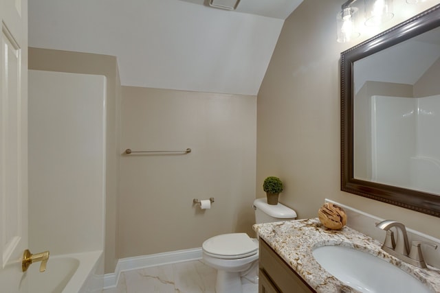 full bathroom featuring vanity,  shower combination, toilet, and vaulted ceiling