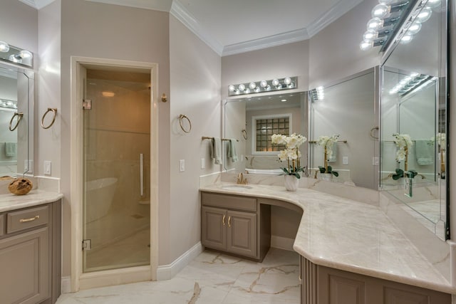 bathroom with vanity, a shower with door, and ornamental molding