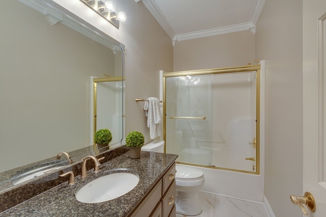 full bathroom with vanity, toilet, ornamental molding, and enclosed tub / shower combo