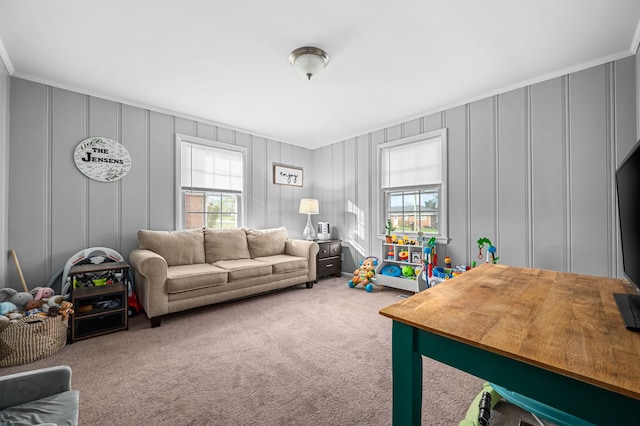 recreation room with crown molding and carpet floors