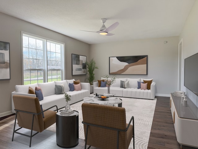 living room featuring dark hardwood / wood-style flooring and ceiling fan