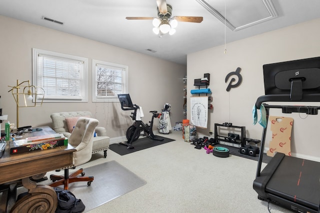 exercise area with carpet and ceiling fan