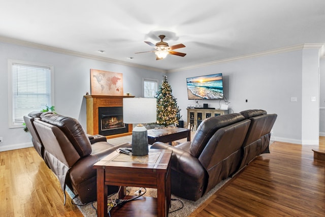 living room with ceiling fan, hardwood / wood-style floors, and ornamental molding