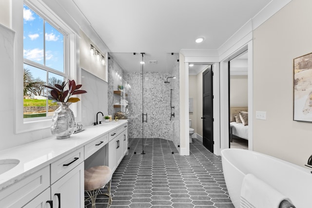 full bathroom with separate shower and tub, a wealth of natural light, vanity, and toilet