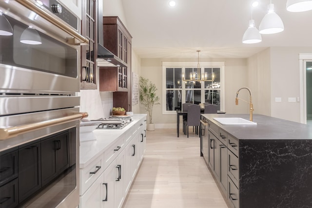 kitchen featuring pendant lighting, a center island with sink, sink, appliances with stainless steel finishes, and white cabinetry