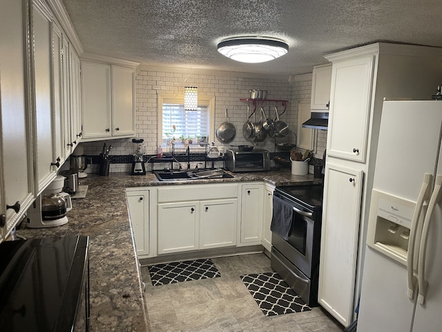 kitchen with white cabinetry, black stove, white refrigerator with ice dispenser, and sink