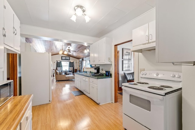 kitchen with white appliances, white cabinets, vaulted ceiling, light hardwood / wood-style floors, and wood ceiling