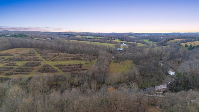 aerial view at dusk featuring a rural view