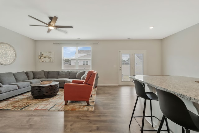 living room featuring ceiling fan and wood-type flooring