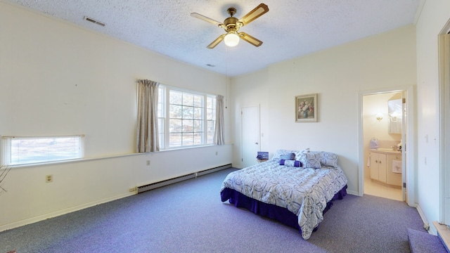 carpeted bedroom with multiple windows, ensuite bath, baseboard heating, and ceiling fan