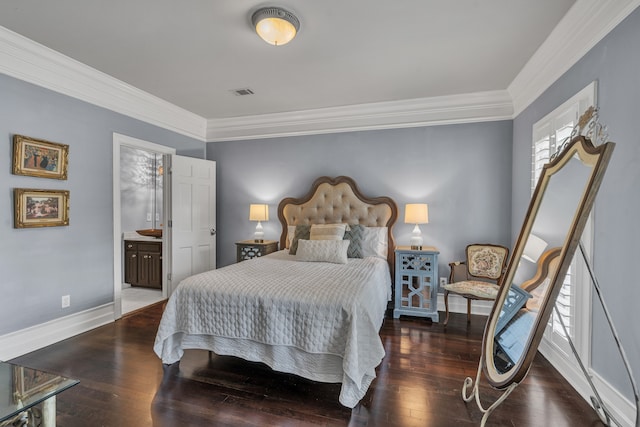 bedroom featuring crown molding, connected bathroom, and dark hardwood / wood-style flooring