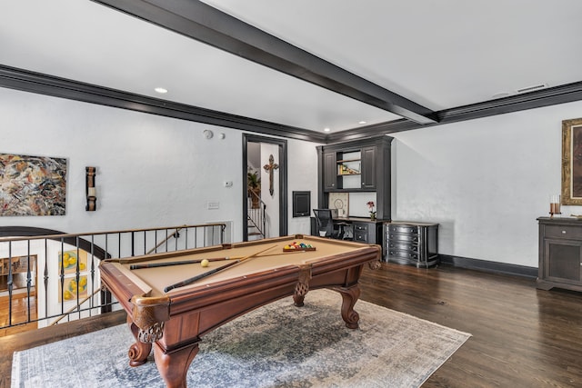 recreation room featuring dark wood-type flooring, pool table, ornamental molding, and beam ceiling