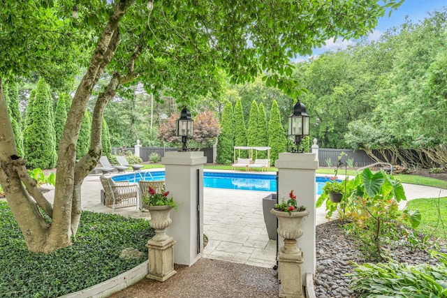 view of swimming pool with a fenced in pool, a patio, and fence