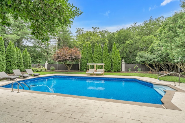 view of swimming pool featuring a fenced in pool, a patio, and a fenced backyard