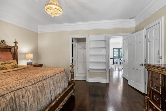 bedroom with ornamental molding and dark hardwood / wood-style flooring