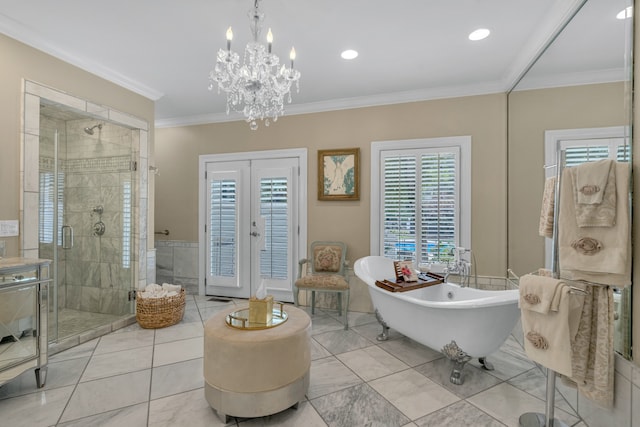 bathroom featuring crown molding, plus walk in shower, french doors, and a notable chandelier