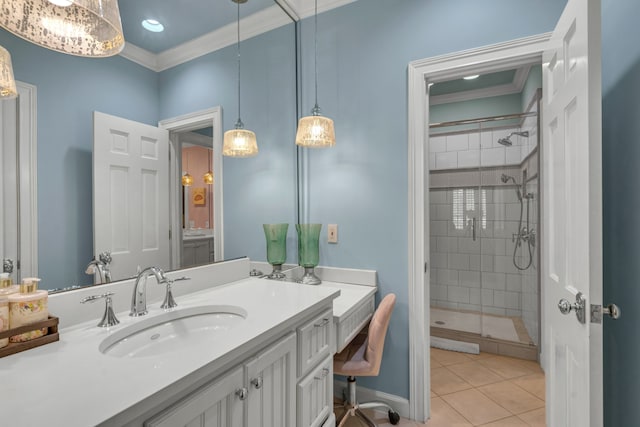 bathroom featuring tile patterned flooring, ornamental molding, vanity, and walk in shower