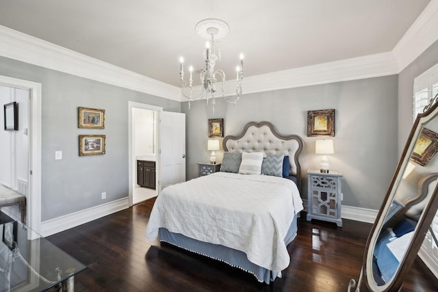 bedroom with a chandelier, ornamental molding, baseboards, and hardwood / wood-style flooring