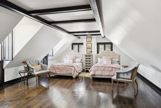 bedroom with lofted ceiling with beams, baseboards, and wood-type flooring