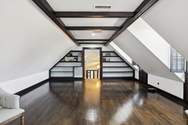 bonus room with visible vents, lofted ceiling with beams, wood finished floors, baseboards, and stairs