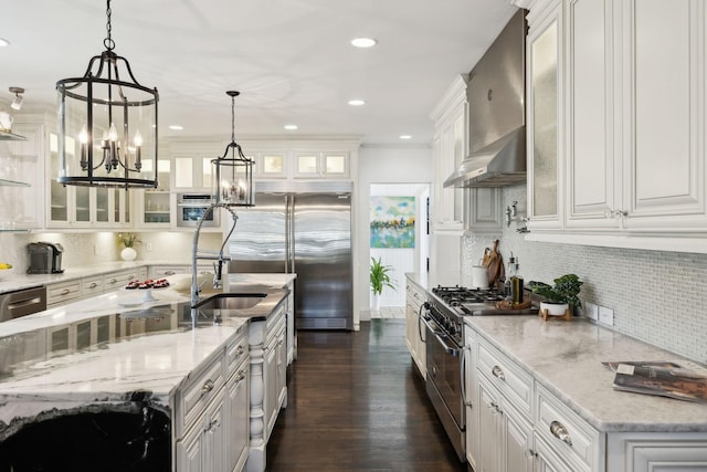 kitchen with backsplash, premium appliances, white cabinetry, wall chimney exhaust hood, and a sink