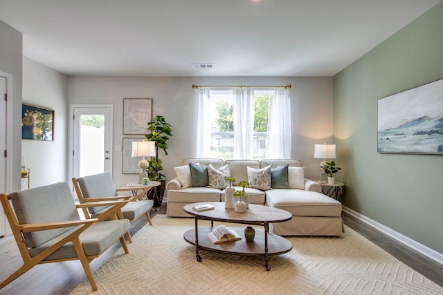 living room featuring light hardwood / wood-style floors and a healthy amount of sunlight