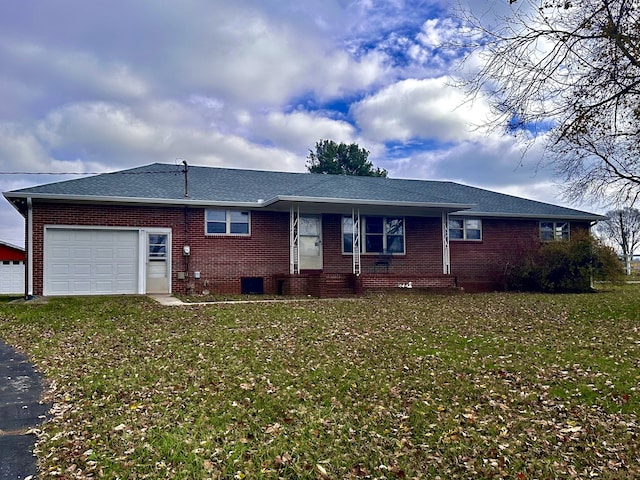 single story home featuring a front yard and a garage