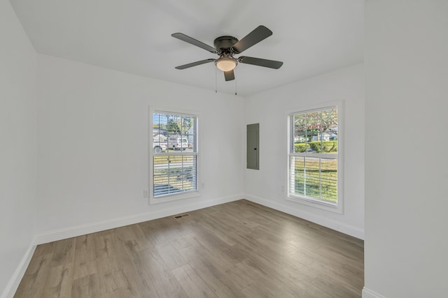 unfurnished room with electric panel, light hardwood / wood-style flooring, a wealth of natural light, and ceiling fan