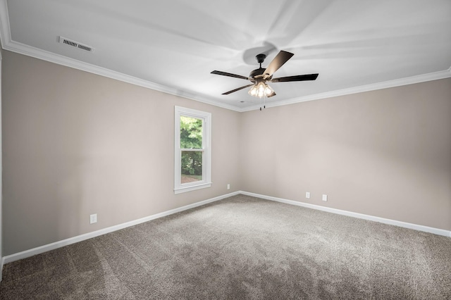 unfurnished room featuring carpet flooring, ceiling fan, and ornamental molding