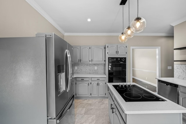 kitchen featuring gray cabinetry, backsplash, black appliances, ornamental molding, and a kitchen island