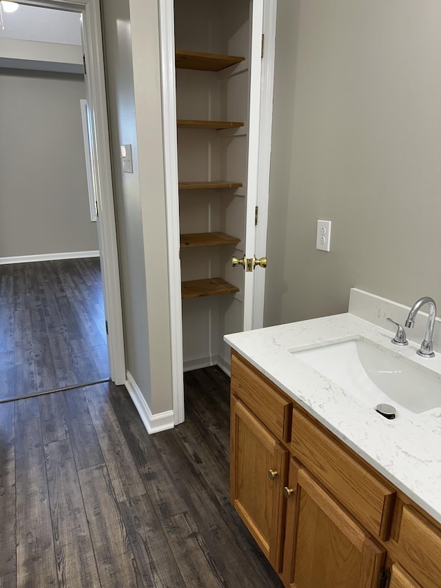 bathroom with vanity and wood-type flooring