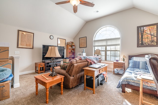 bedroom with ceiling fan, light colored carpet, and lofted ceiling