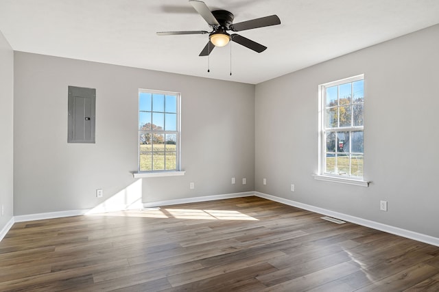 empty room with electric panel, ceiling fan, and dark wood-type flooring