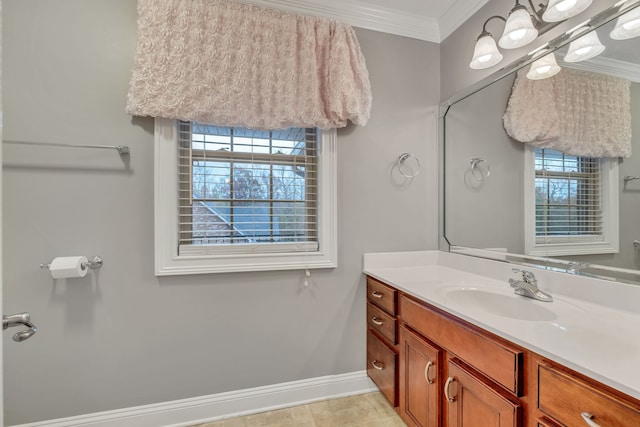 bathroom with vanity and ornamental molding