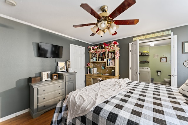 bedroom featuring ceiling fan, hardwood / wood-style floors, crown molding, and washer / dryer