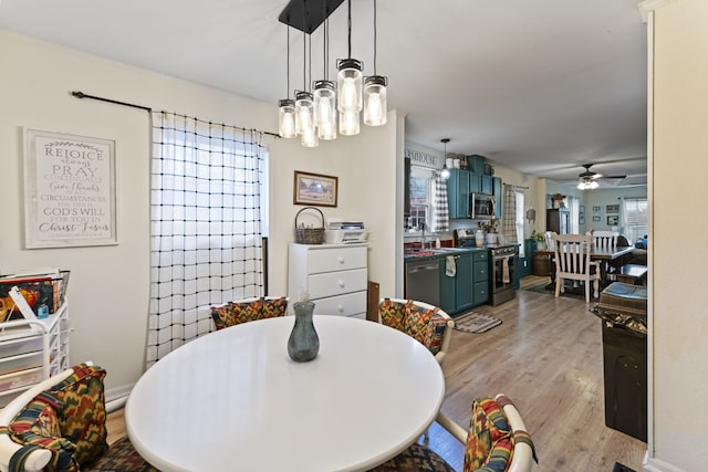 dining area featuring light wood-type flooring and ceiling fan